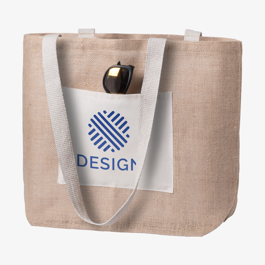 Jute-Strandtasche mit farbig abgestimmten Henkeln und bedrucktem Fach auf der Vorderseite