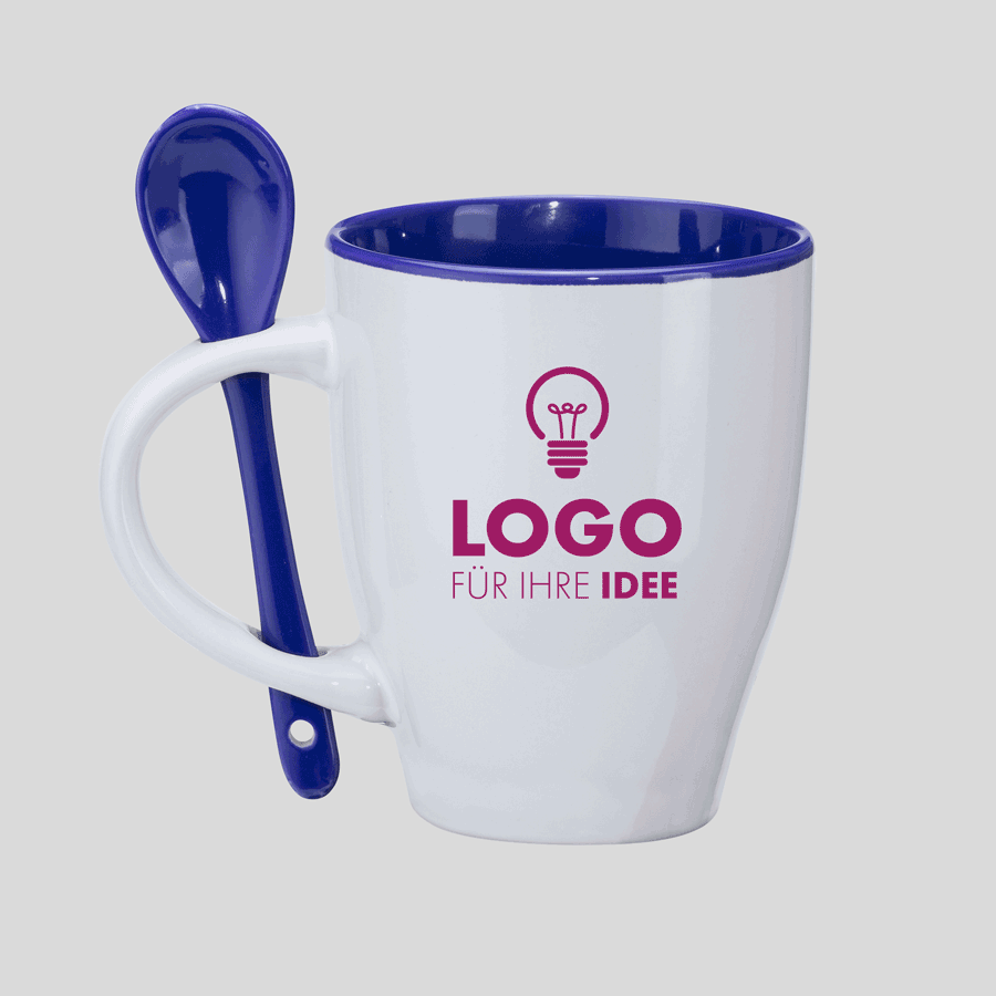 Tasse mit Löffel, blaue Innenseite, Außenseite individuell mit Logo bedruckbar