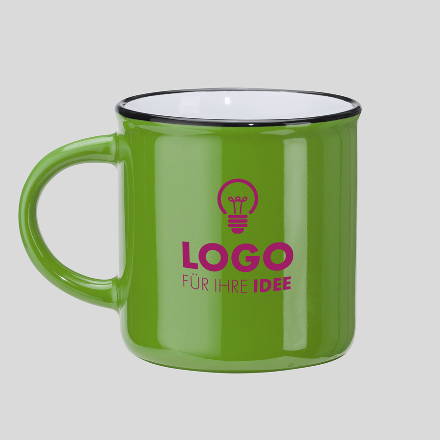 Grüne Keramiktasse im Vintage-Stil, mit personalisierbarem Druck