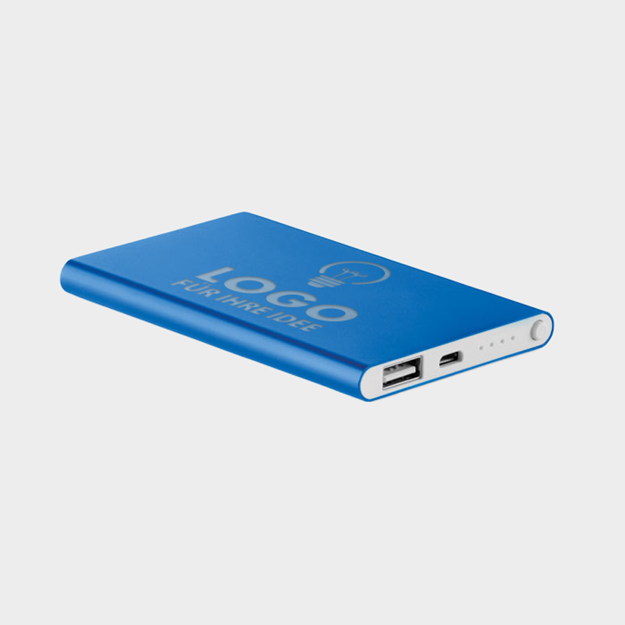 Blaue Aluminium-Powerbank (4.000 mAh) mit individueller Lasergravur