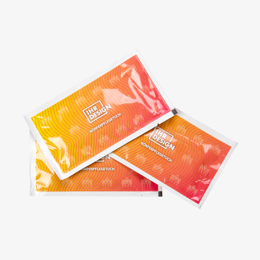 Drei bedruckte Sachets (10 x 6cm), Inhalt weiße Körperpflegetücher