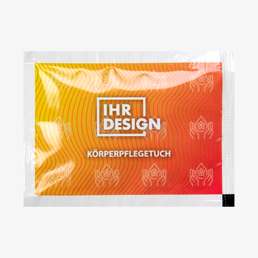 Körperpflegetuch in individuell bedrucktem Sachet im Format 8 x 6 cm