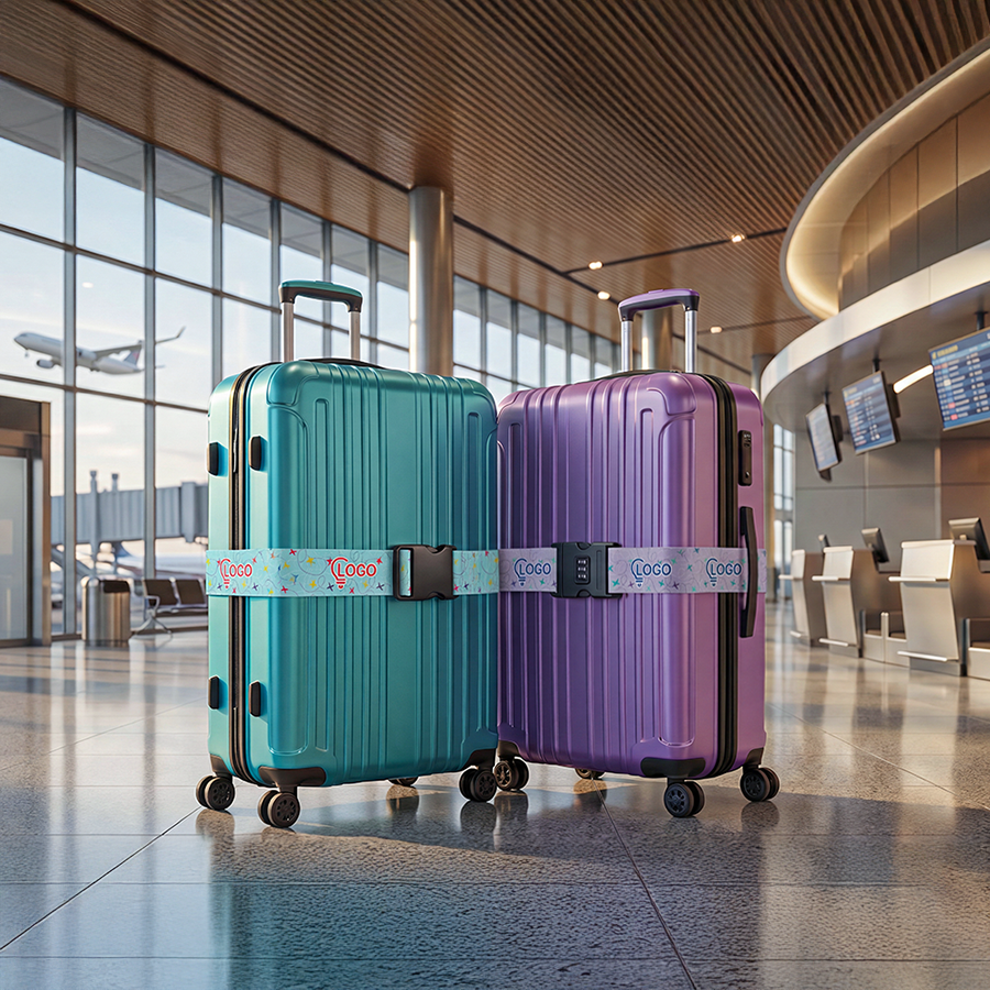 Zwei Rollkoffer in Lila und Türkis am Flughafen mit bedrucktem Koffergurt inklusive Schnalle 