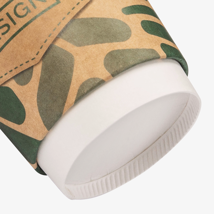 Unterseite eines doppelwandigen Kraftpapier-Bechers für 200 ml Inhalt, mit individuellem Aufdruck