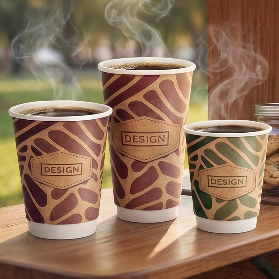 Mit Kaffee gefüllte, doppelwandige Kraftpapier-Becher in drei Größen, mit vollfarbigem Aufdruck 