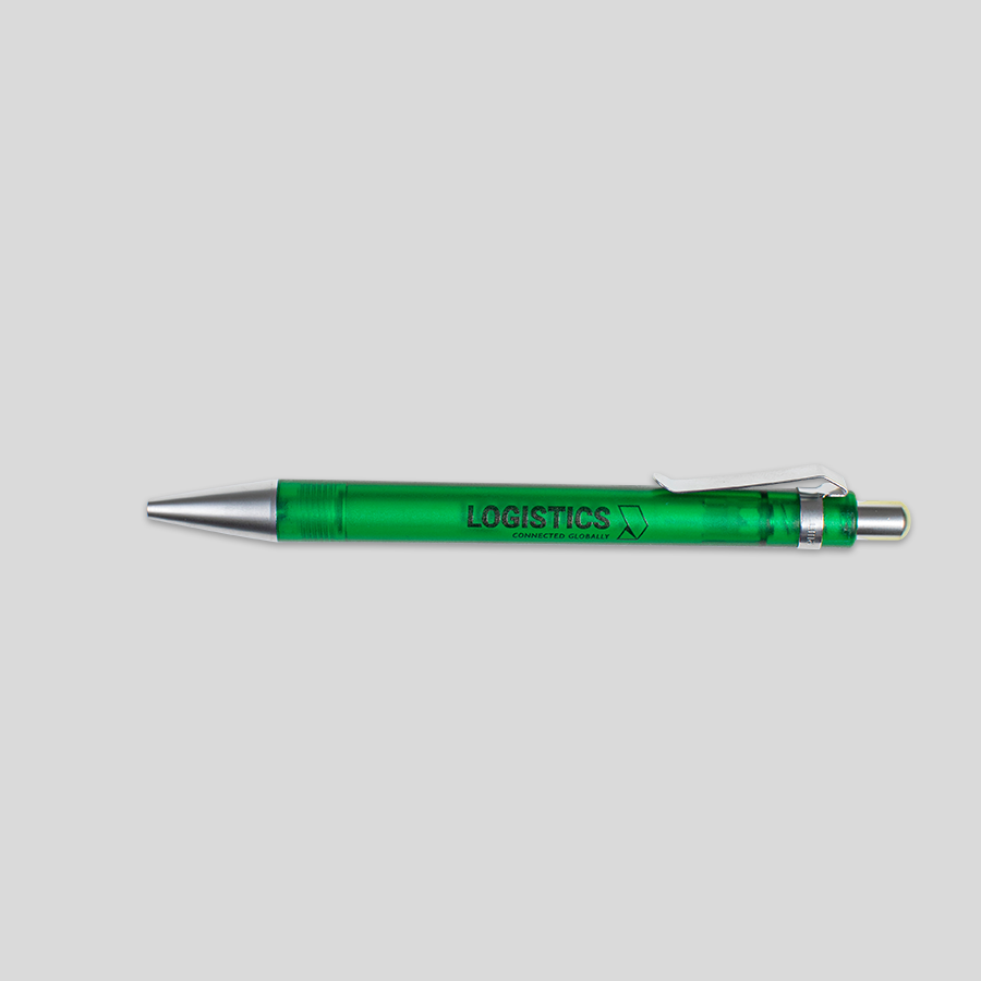 Grüner, gefrosteter und individuell bedruckter Kunststoff-Kugelschreiber von UMA