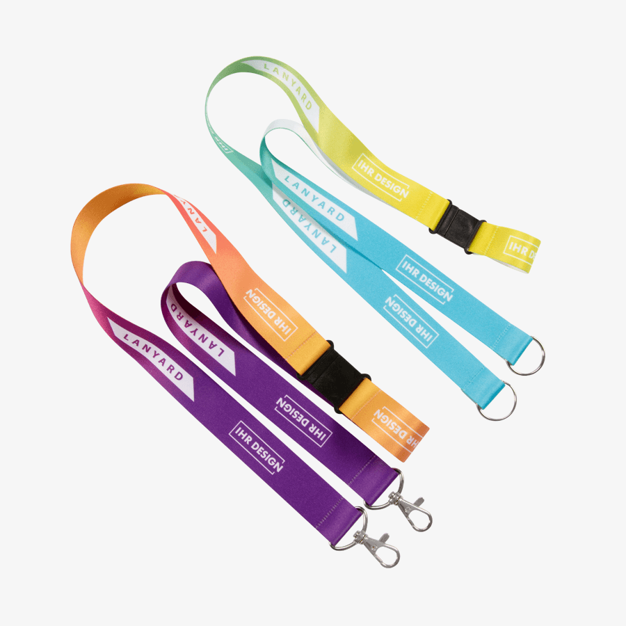 Beidseitig bedruckte Duo-Lanyards mit Sicherheitsverschluss wahlweise mit Haken oder Ringen