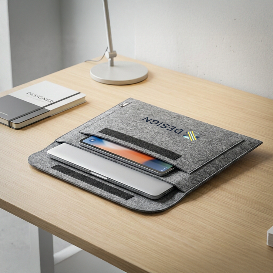 Anwendungsbeispiel graue Laptopmappe aus RPET-Filz mit Ihrem Design