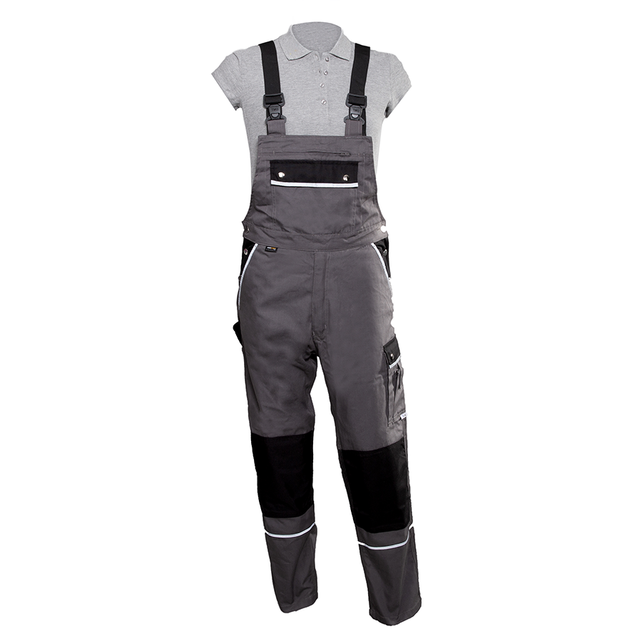 Vorderseite einer schwarz-grauen Basic-Latzhose, individuell bestickte Arbeitskleidung