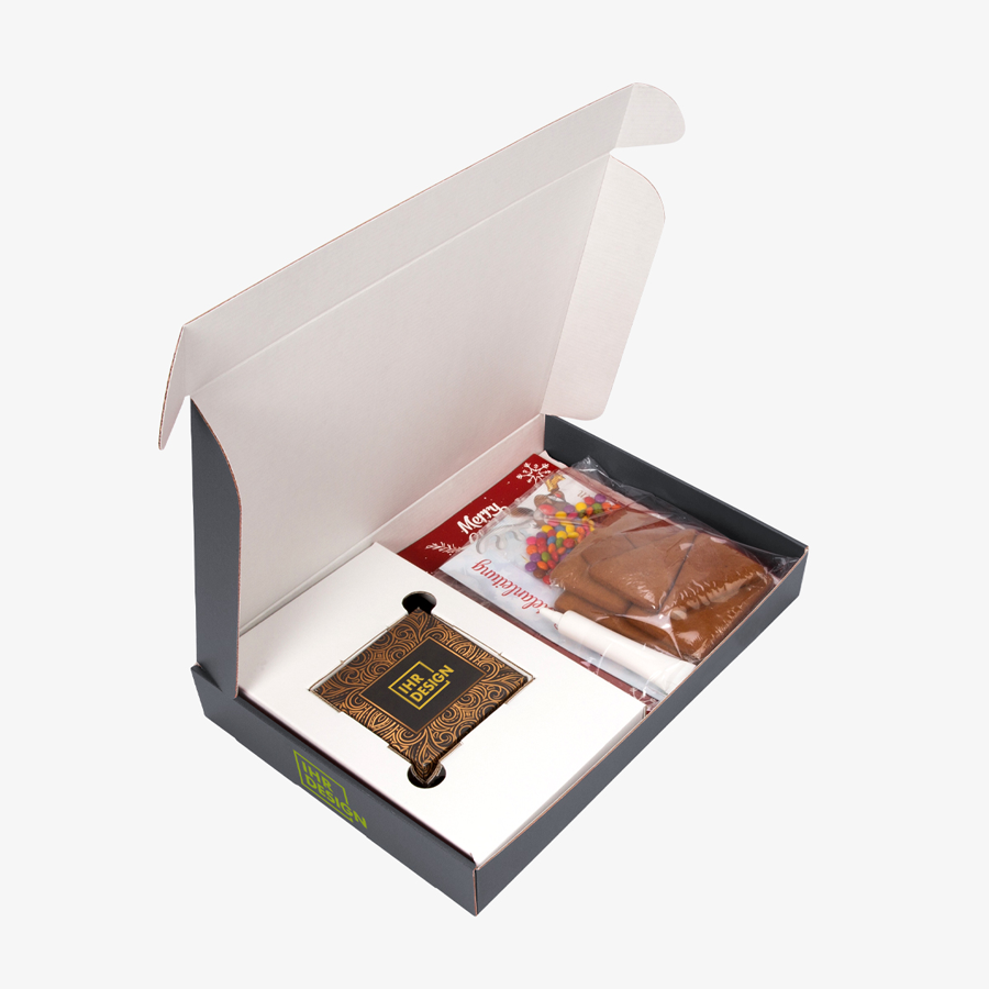 Präsentbox, Lebkuchenbox mit personalisierbarem Inhalt, aufgeklappt