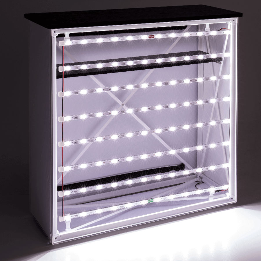 LED-Messetheke mit schwarzer Thekenplatte in der Vorderansicht ohne individuell bedrucktes Textil