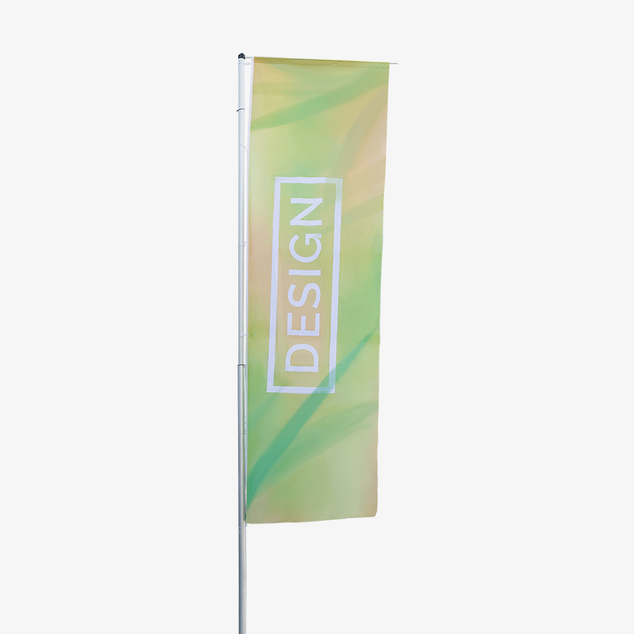 Longlife-Hissfahne im Hochformat für Masten mit Ausleger, bedruckt im individuellen Design
