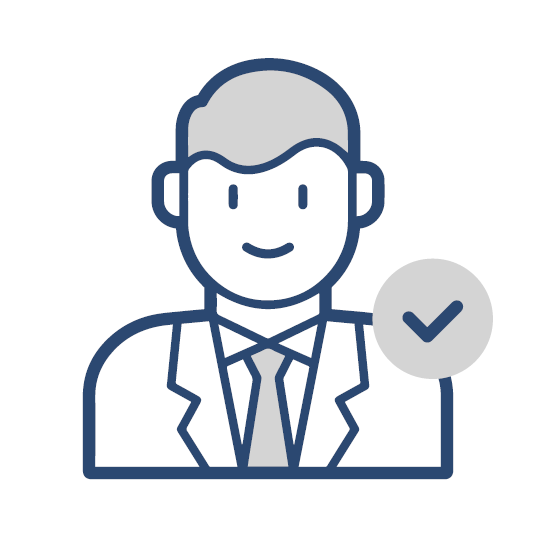 Icon: lächelnde Person im Anzug mit Haken, in Blau und Hellgrau