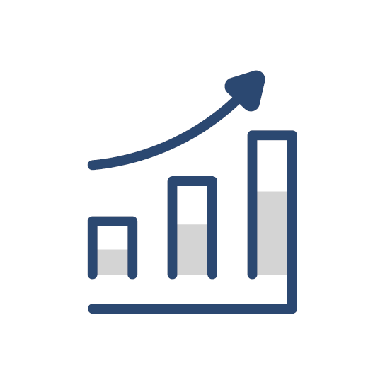 Icon: steigendes Säulendiagramm mit Pfeil, in Blau und Hellgrau