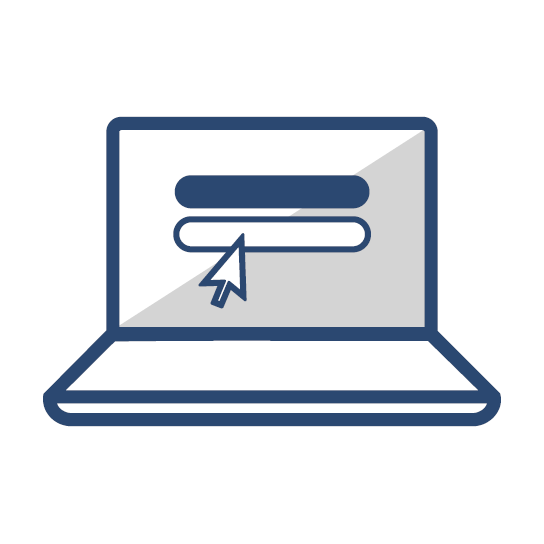 Icon: aufgeklappter Laptop, in Blau und Hellgrau