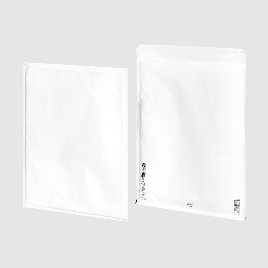 Weiße, 300 x 445 mm große Luftpolstertasche mit haftklebendem Verschluss