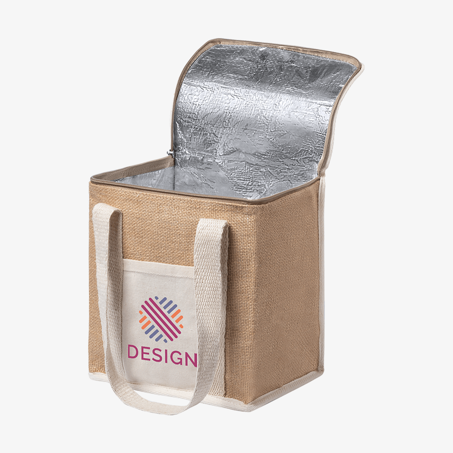 Lunch-Kühltasche aus laminierter Jute und Baumwolle mit Aluminiumbeschichtung und bedruckbarem Fach auf der Vorderseite
