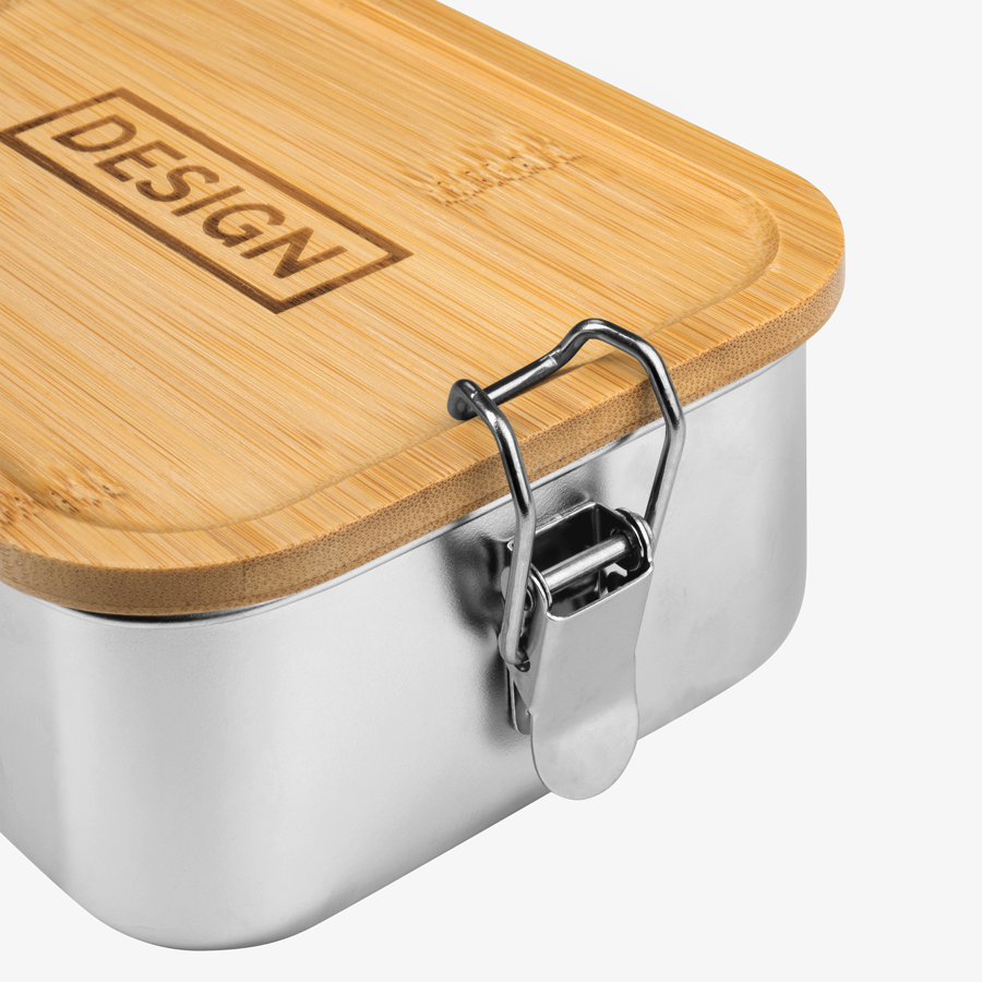 Detailansicht Edelstahl-Lunchbox mit Bügelverschluss und Gravur