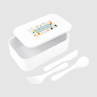 Weiße PLA-Lunchbox mit Besteckset und vollfarbigem Druck