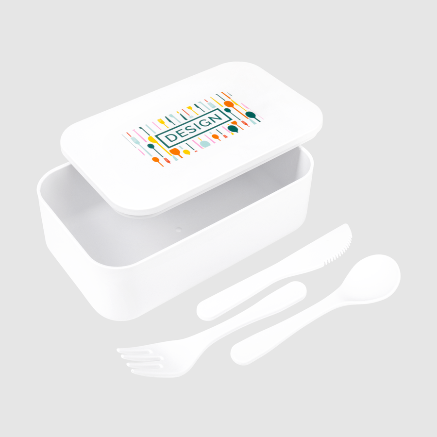 Weiße PLA-Lunchbox mit Besteckset und vollfarbigem Druck