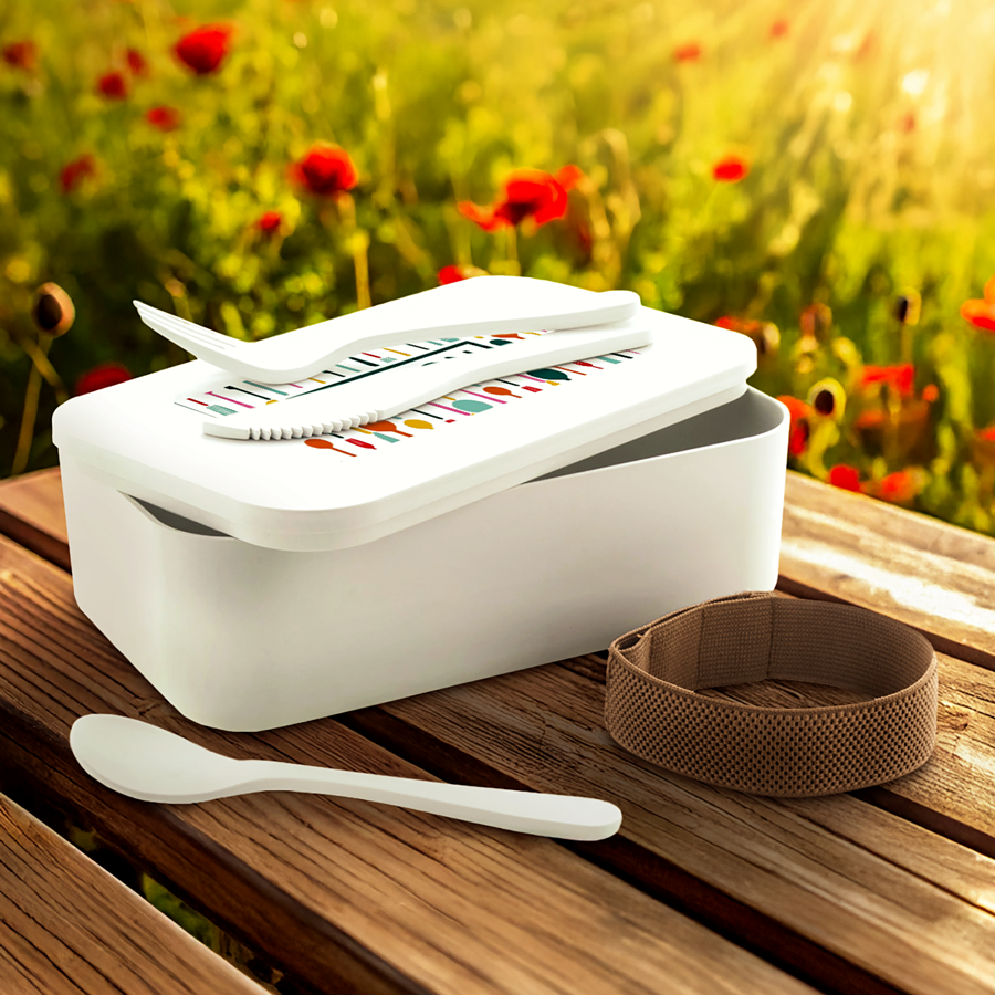 PLA-Lunchbox mit Besteckset, 1 l Fassungsvermögen und vollfarbigem UV-LED-Druck 