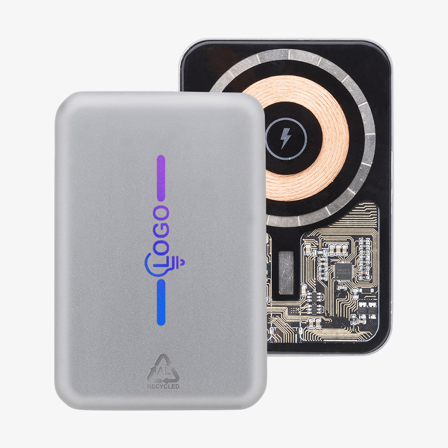 Magnetische Powerbank mit Schnellladefunktion, mit Logodruck hinten und transparentem Korpus vorne