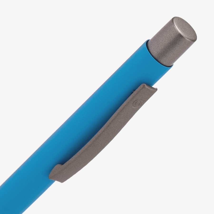 Soft-Touch-Metall-Kugelschreiber GRAY, Detailansicht des Druckknopfes und der Halteklemme 