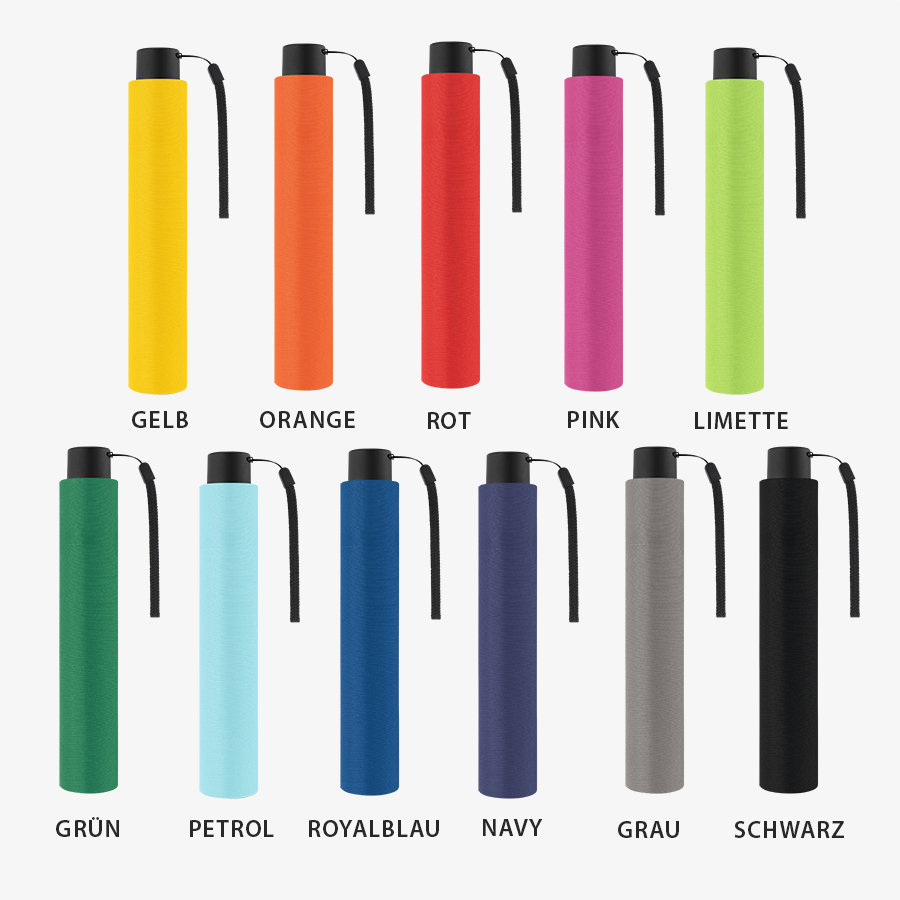 Handliche Mini-Slim-Taschenschirme in vielen Farben und farblich passender Hülle