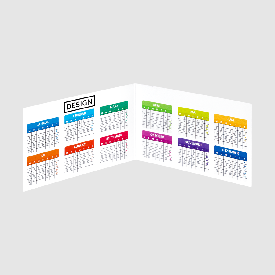 Klappbarer Minikalender im Querformat, hochwertig und vollfarbig bedruckt