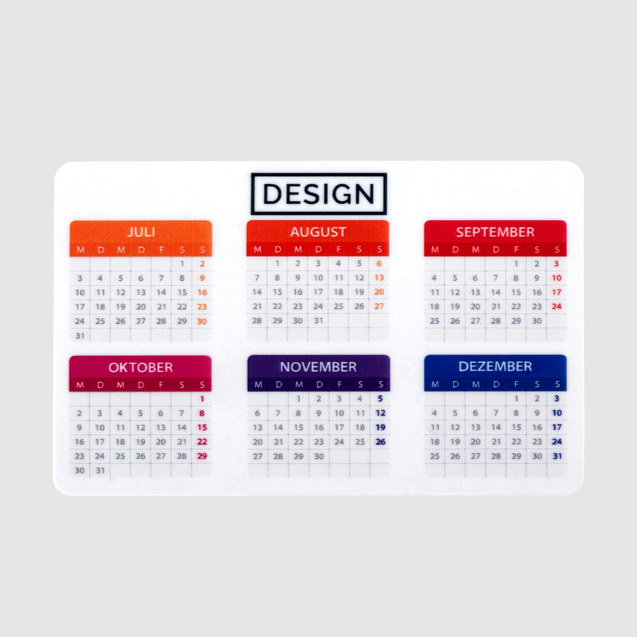 Minikalender aus PVC im Querformat mit weißem Hintergrund, vollfarbig bedruckt