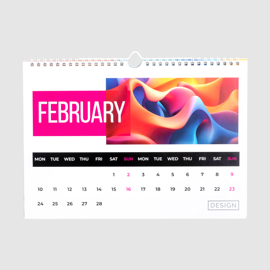 Monatskalender DIN A4 im Querformat, vollfarbig bedruckt mit Ihrem Wunschdesign