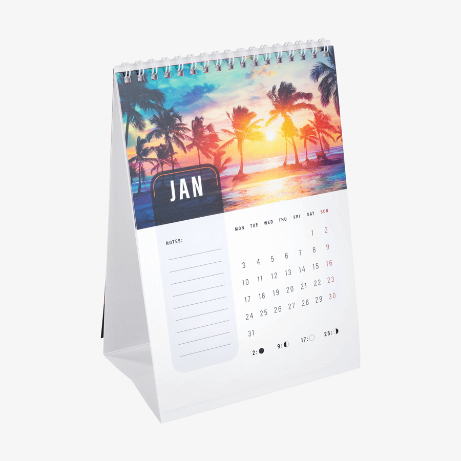 Aufstellbarer Monatstischkalender in DIN A4 hoch, vollfarbig bedruckt