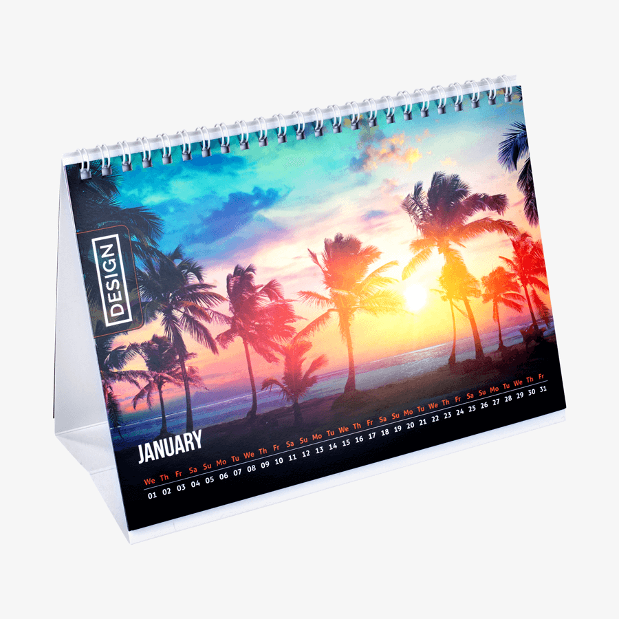 Aufgestellter Monatstischkalender in DIN A5, individuell 4/0-farbig bedruckt
