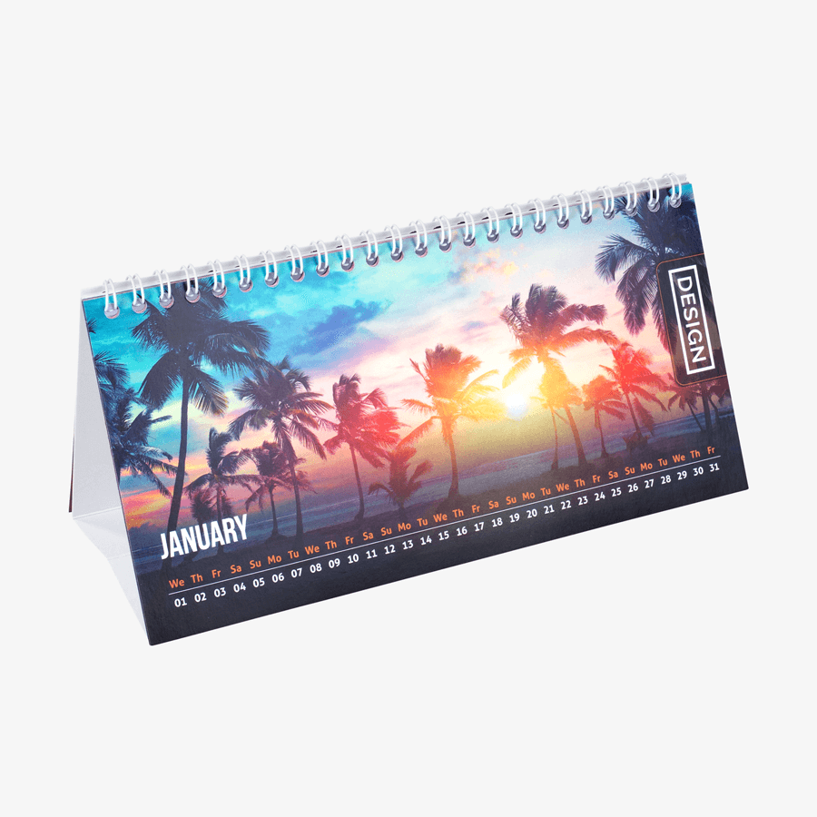Aufstellbarer Monatstischkalender lang quer, individuell vollfarbig bedruckt
