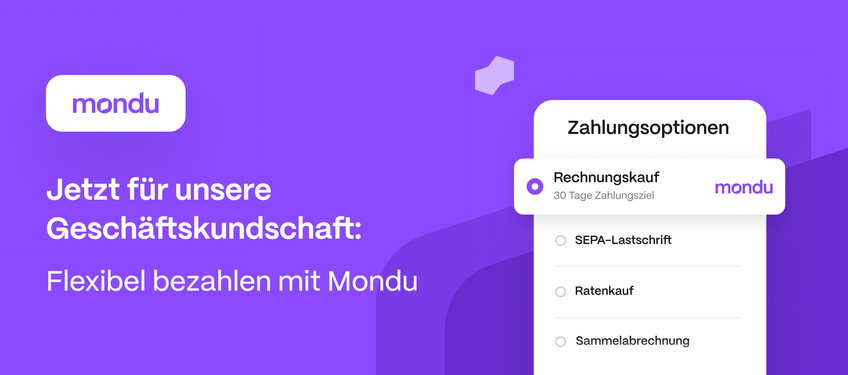 Die Zahlungsarten von Mondu als weißer Text auf lila Grund: Rechnungs- und Ratenkauf, Lastschrift und Sammelabrechnung