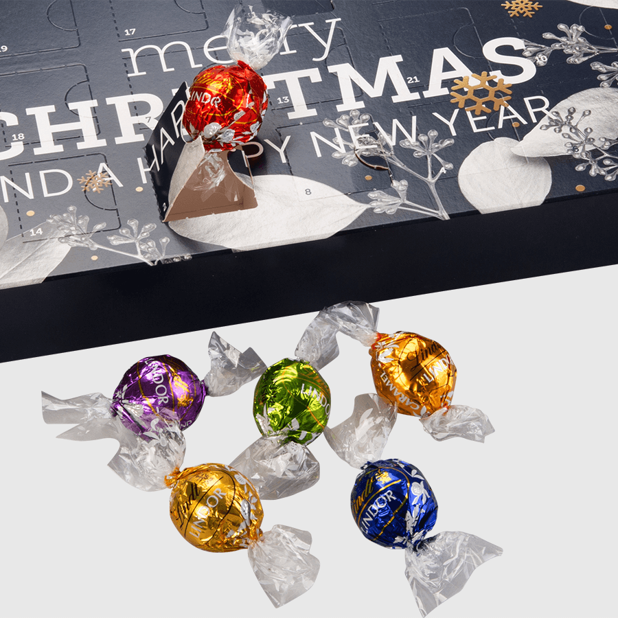 Multi-Adventskalender mit Lindor-Kugeln von Lindt in verschiedenen Geschmacksrichtungen, 240 g schwer