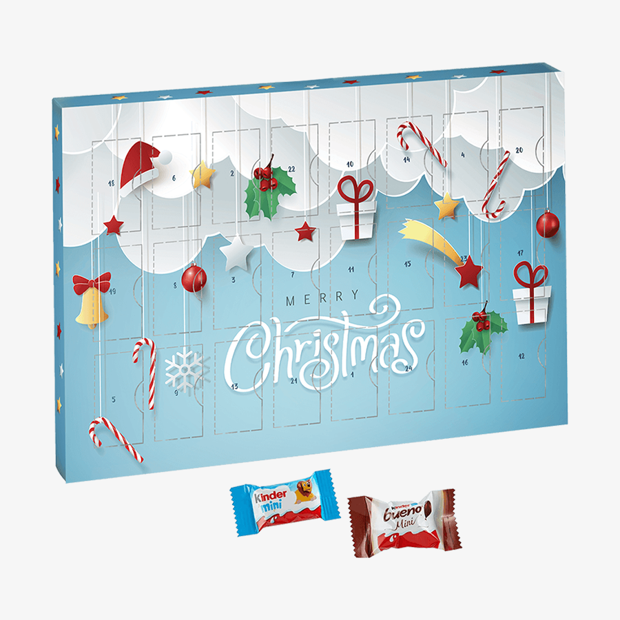 Vollfarbig bedruckter Adventskalender zum Aufhängen mit Kinder Schokolade und Kinder Bueno, seitliche Frontansicht