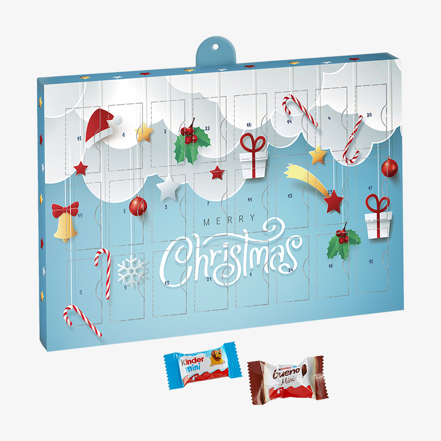 Bedruckter Adventskalender zum Aufhängen mit kinder Schokolade und kinder bueno