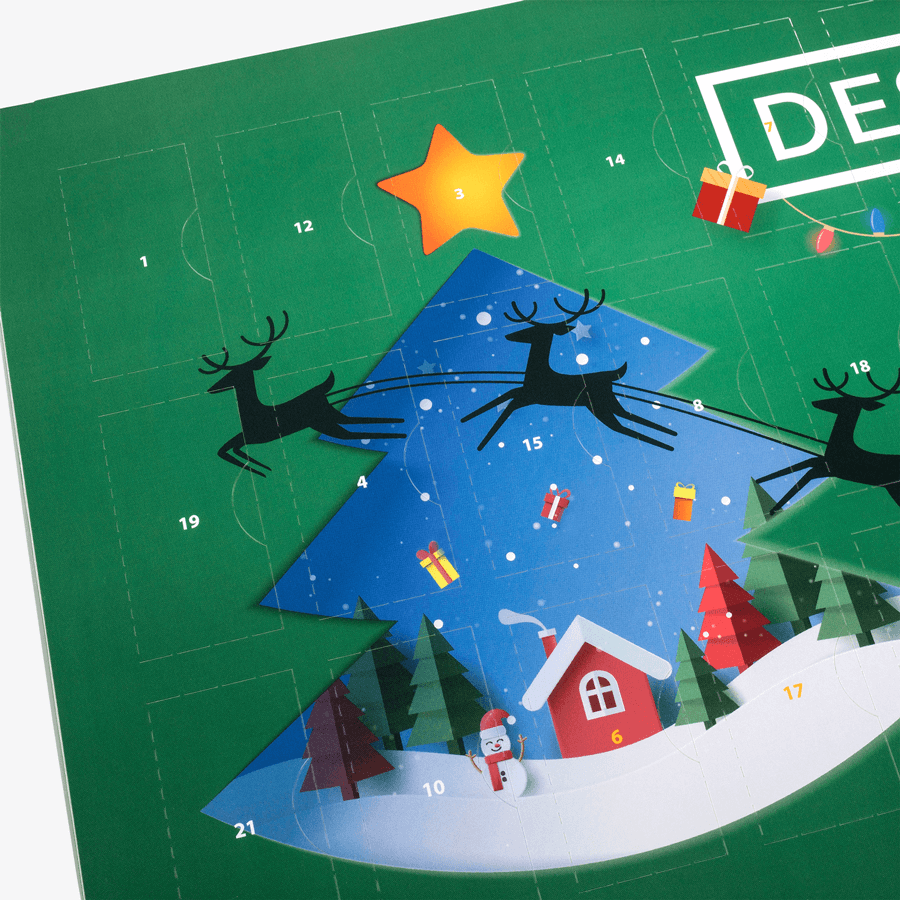 Nahaufnahme eines grünen Lindt-Multi-Adventskalenders mit eigenem Design bedruckt