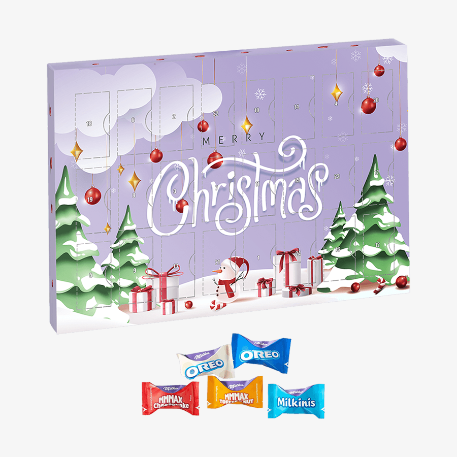 Vollfarbig bedruckter Adventskalender zum Aufhängen mit Milka Favourites, seitliche Frontansicht mit 5 verpackten Milka Favourites