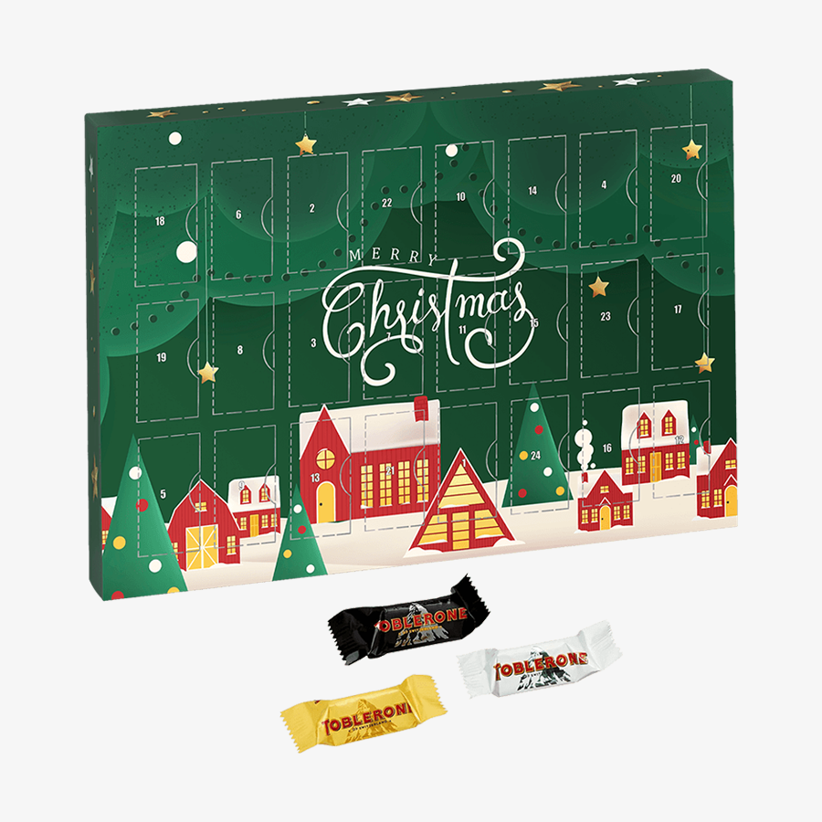 Grüner Wand-Adventskalender mit vollfarbigem Druck und Toblerone-Schokolade als Füllung, seitliche Frontansicht