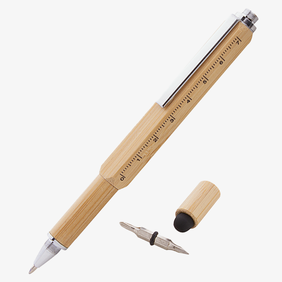 Bambus-Multifunktionskugelschreiber mit 7-cm-Lineal und Schraubendreherbits in der Gesamtansicht