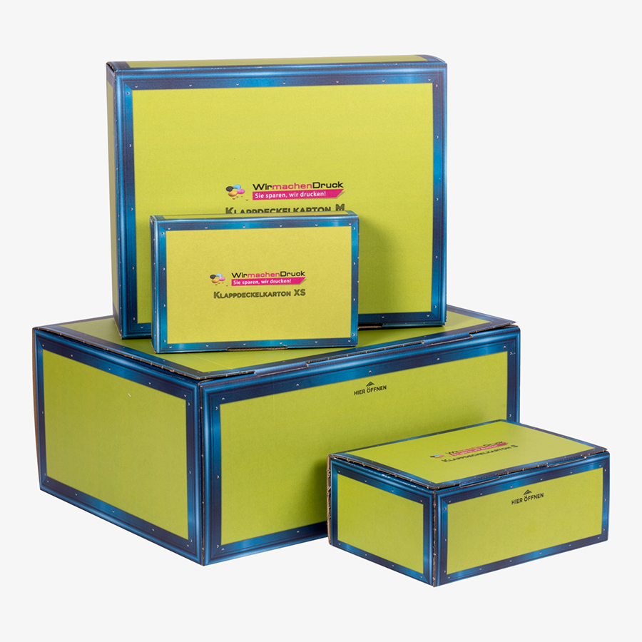 Klappdeckelkarton-Musterset: Kartons in mehreren Größen im WIRmachenDRUCK-Design