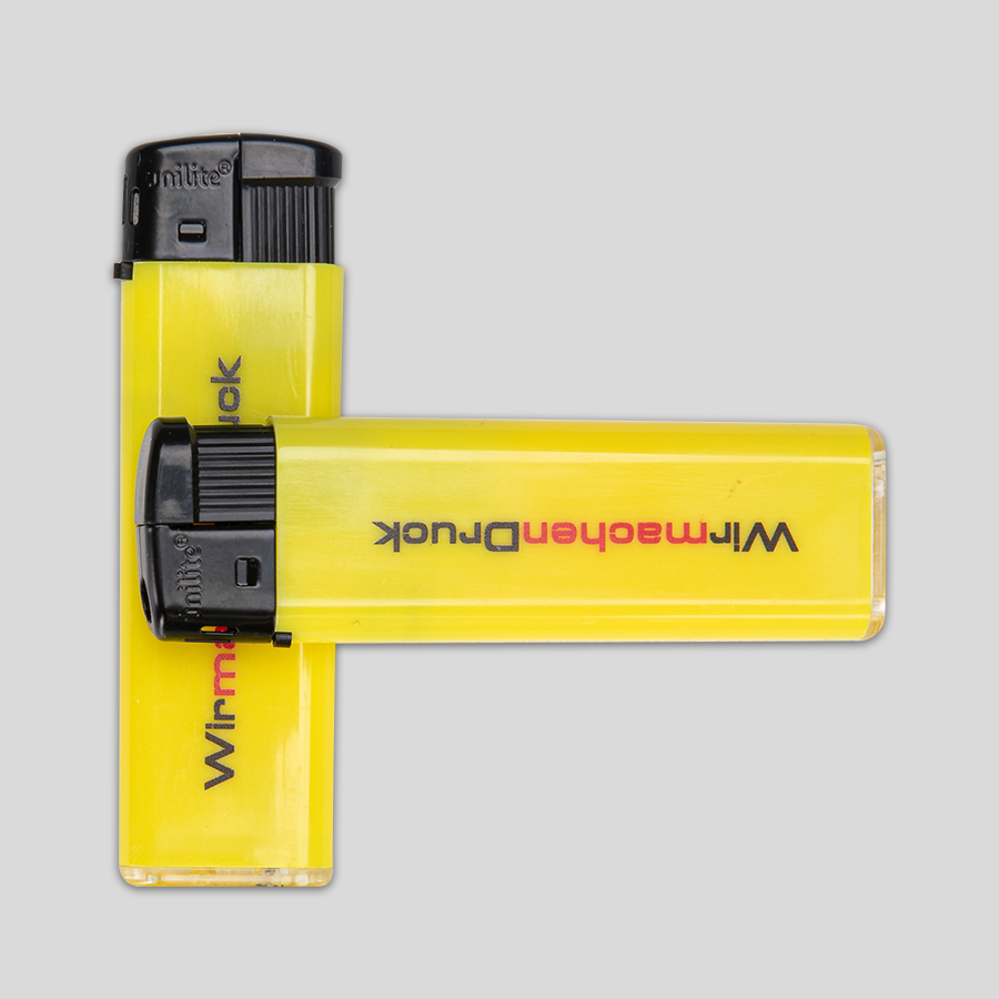 Zwei gelbe Neon-Elektro-Feuerzeuge von unilite, individuell bedruckt