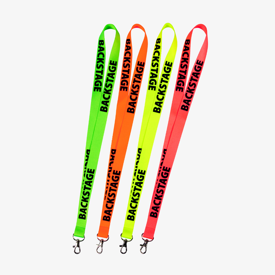 Neon-Lanyards mit Standardtext Backstage in vielen Farben, mit Metallhaken