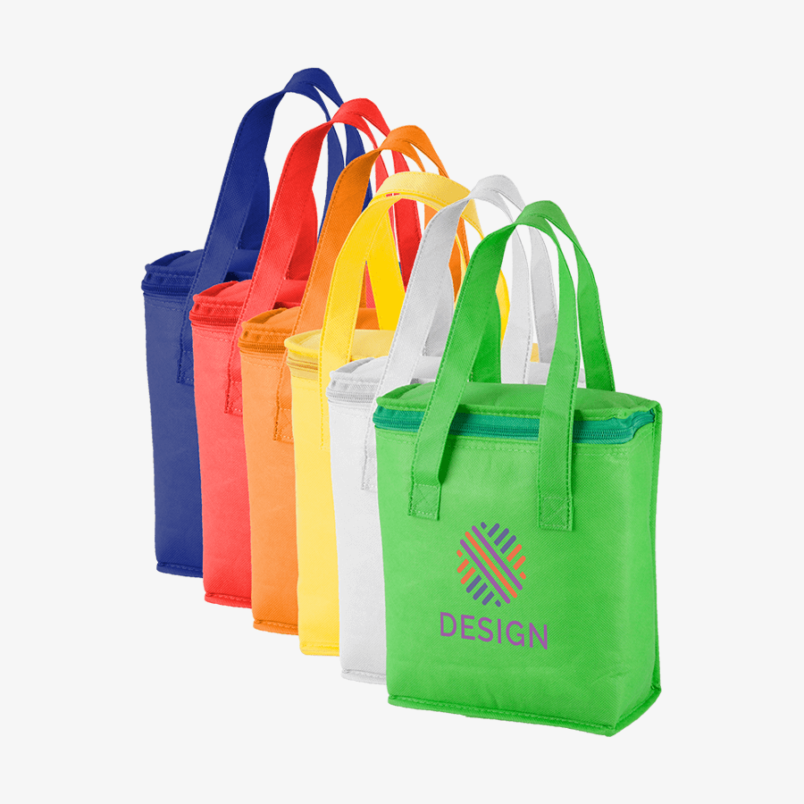 Vollfarbig bedruckte Lunch-Kühltaschen mit Reißverschluss in verschiedenen Farben, aus Non-Woven 
