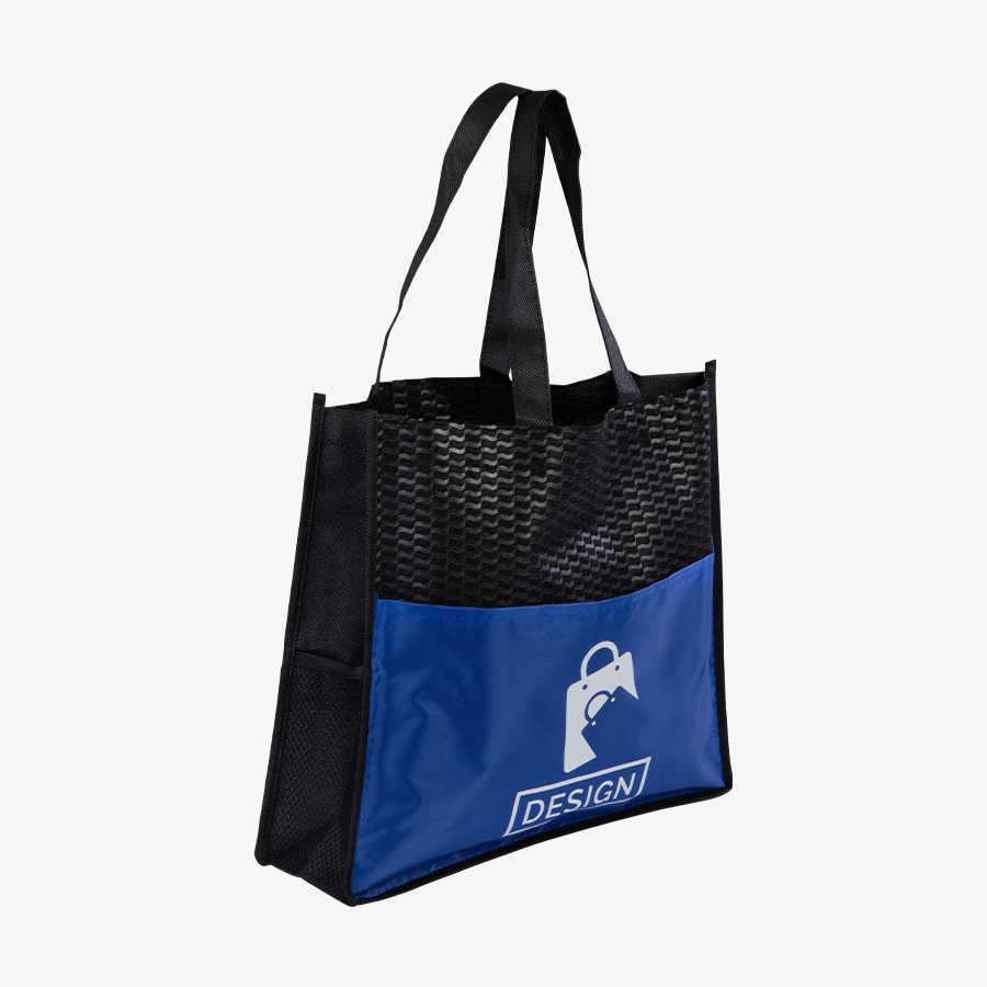 Einseitig bedruckte Non-Woven-Messetasche in Blau und Schwarz