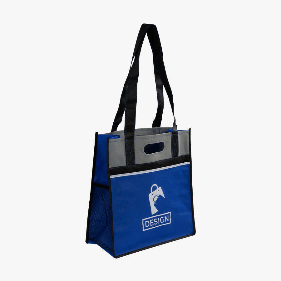 Zweifarbiger Non-Woven-Shopper mit vier Henkeln und einfarbigem Druckmotiv auf der Vorderseite