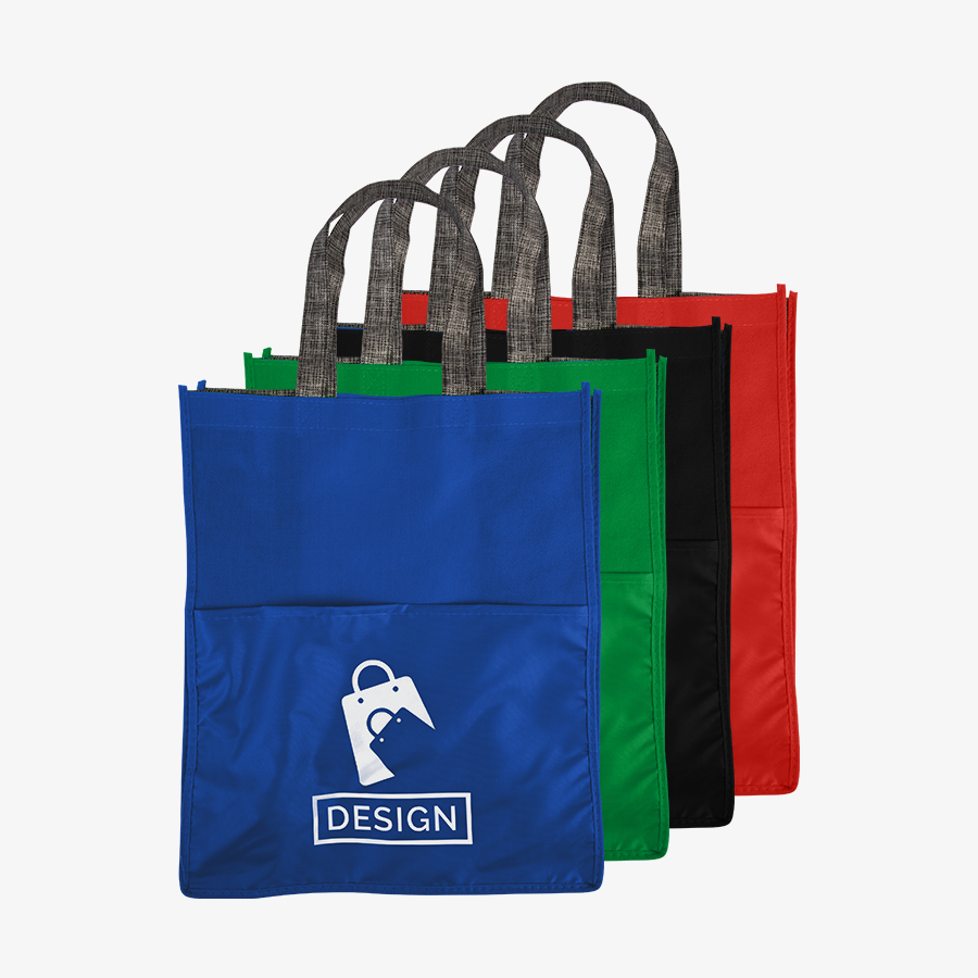 Einfarbig bedruckte Non-Woven-Tasche mit Bodenfalte, kurzen Henkeln und zusätzlichem Fach