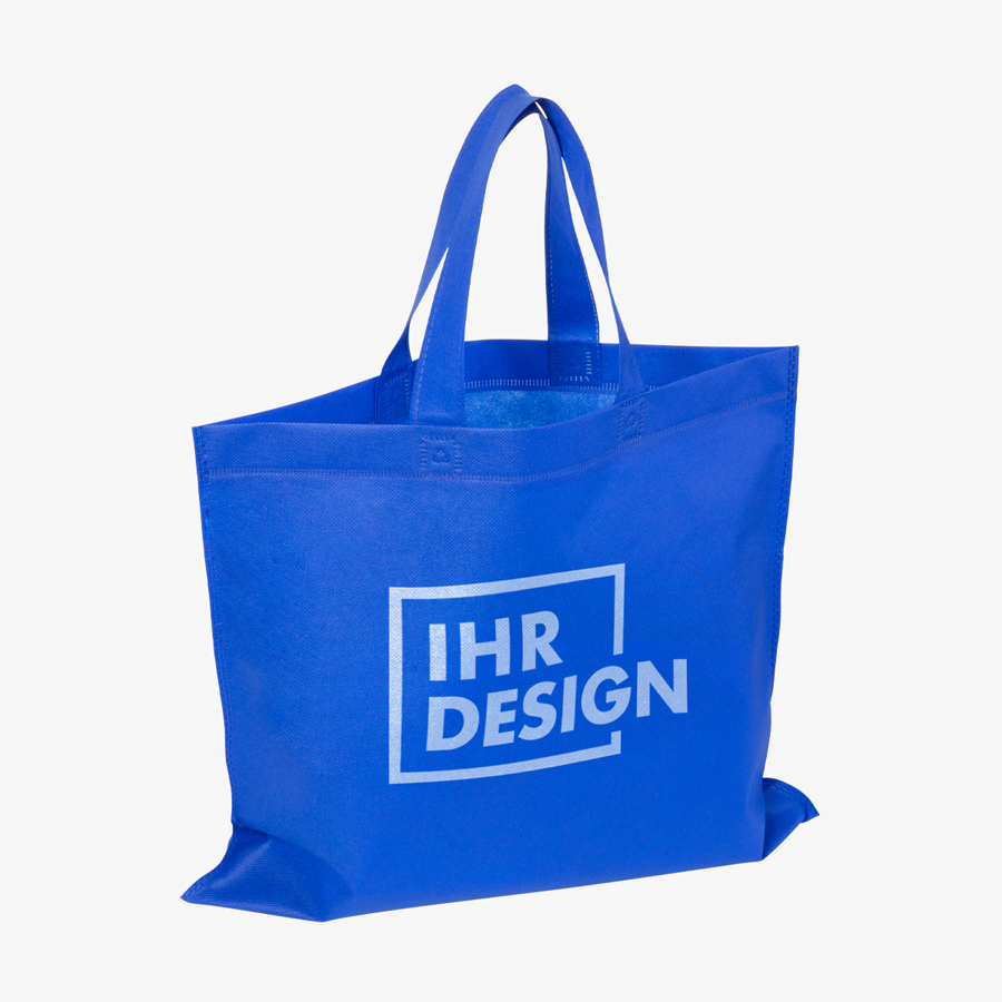 Bedruckte Non-Woven-Tasche in Blau mit kurzen Henkeln, ohne Bodenfalte